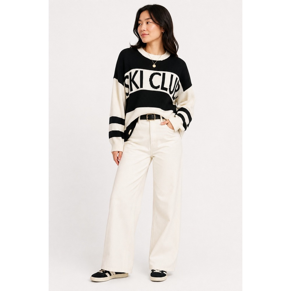 SKI CLUB Knit Sweater M Black White Oversized Varsity Preppy Apres Ski Le Lis